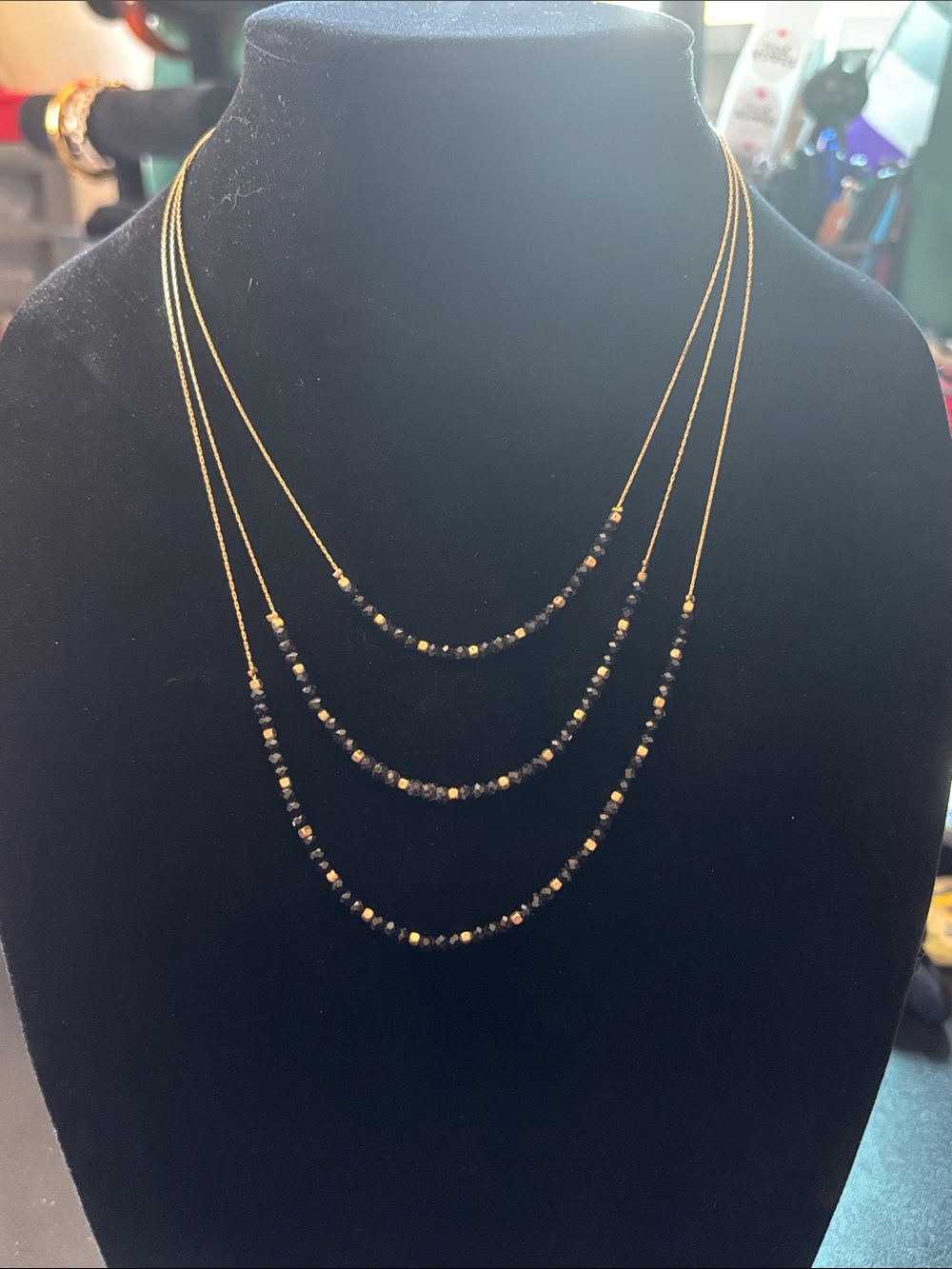 Fashion Jewelry Gold-Tone Layered Necklace with Black Faceted Beads